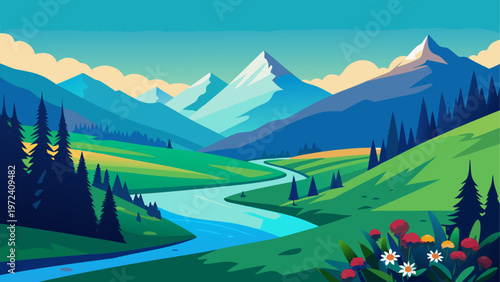 Scenic Landscape, Mountain Range, River Valley, Nature Background