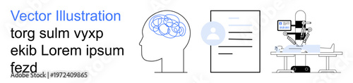 AI in healthcare, brain studies, robotics in surgery, data analysis, diagnostics, record management. Brain diagram, medical records robotic surgery setup. AI in healthcare and brain studies concept