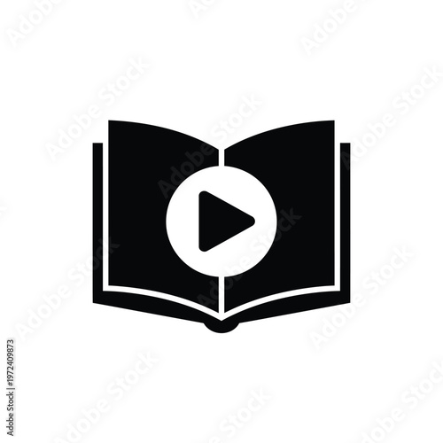 A black and white graphic depicts an open book with a play button centered within its pages