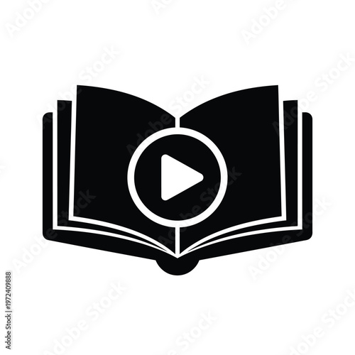 An open book icon features a prominent play button centered within its pages symbolizing digital learning