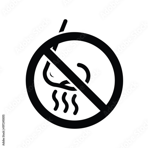 A stark black and white prohibition sign depicts a nose with smoke indicating no smoking allowed