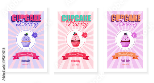 Retro advertising banner collection for bakery with cupcake. Vintage design. Bakery background set with colorful cupcakes and text. Striped wallpaper. Sweet dessert. Vector illustration. 