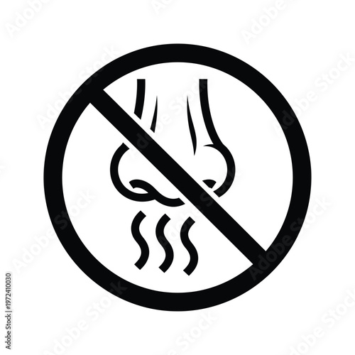 A black and white prohibition sign depicts a foot emitting odor with a diagonal line crossing it