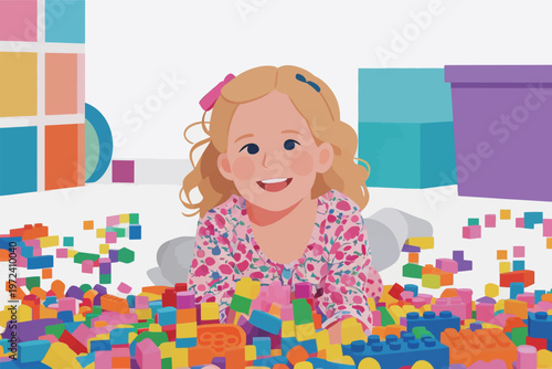 Girl plays with colorful building blocks on the floor in a room with bright decorations and storage boxes during the day