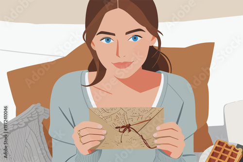 Young woman holding a letter while sitting on a couch with waffles and a cup nearby in a cheerful indoor setting