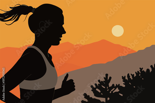 Runner enjoys evening jog in the mountains as the sun sets behind hills