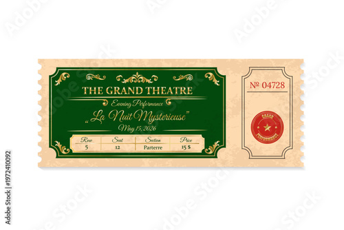 Green vintage  ticket template with text isolated on transparent background. Retro  coupon.Decorative element for cinema, party, event, festival.Realistic template in green and beige colours. Vector  