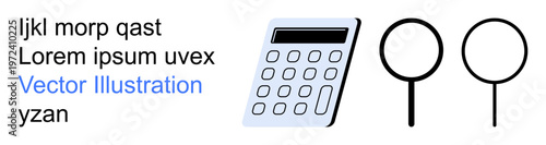 Education, analysis, investigation, research, problem-solving, tools. A calculator and two magnifying lenses are displayed. Education and analysis tools concept