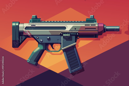 Compact submachine gun shown in stylized colored composition
