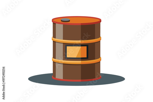 Rust colored drum standing labeled on flat surface shadow