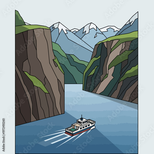 Illustration of a boat in a fjord with mountains.