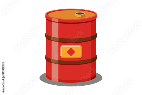 Red barrel standing with hazard label on white surface