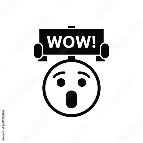 A surprised face icon with a sign displaying wow is depicted in a simple black and white style