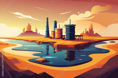 Industrial refinery complex situated on coastal lagoon at sunset