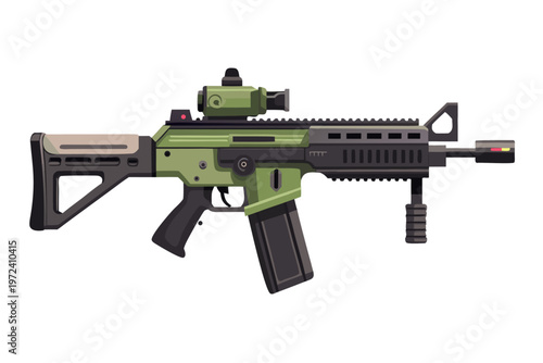 Compact green tactical rifle with fore grip on white background