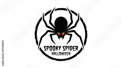 A spooky spider logo with orange eyes is displayed on a Halloween-themed illustration.