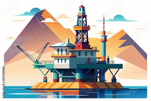 Offshore oil platform standing near mountainous coastline