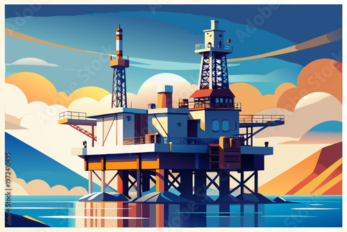 Offshore drilling rig elevated above calm sea at sunset
