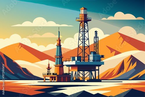 Offshore oil platform operating near mountainous coastal bay
