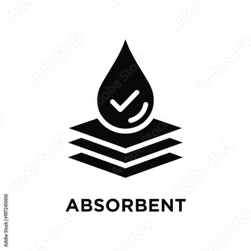 A black droplet icon descends onto stacked layers with a checkmark inside labeled absorbent high quality professional