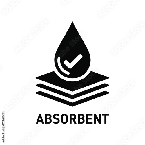 A black droplet icon with a checkmark resting on stacked layers illustrating absorbent material properties high quality