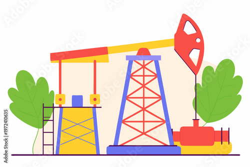 Colorful pumpjack structure standing beside greenery and base
