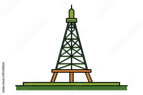 Oil derrick tower illustrated on flat grassy platform