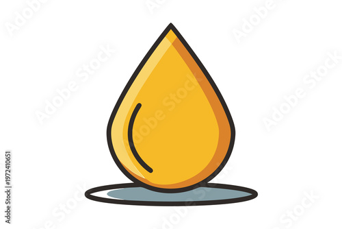 Yellow liquid droplet resting on gray puddle on white background