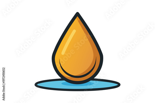 Orange liquid droplet resting on blue puddle on white background
