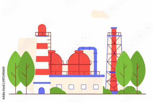 Industrial facility with spherical tanks and tall processing towers