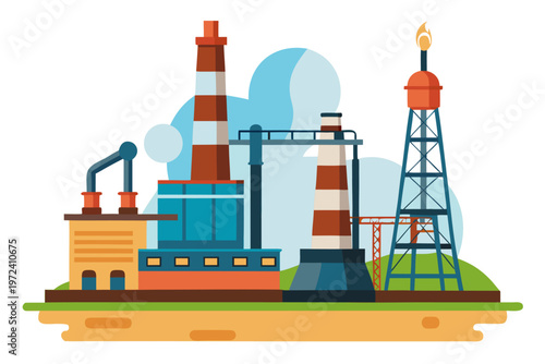 Industrial refinery complex with chimneys and flare tower