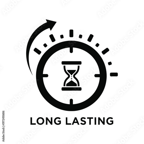 Картината върху платно A black circular icon depicts a clock with an hourglass inside suggesting time a