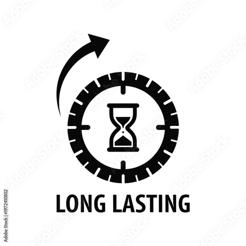 A black silhouette of an hourglass within a circular timer accompanied by the text long lasting