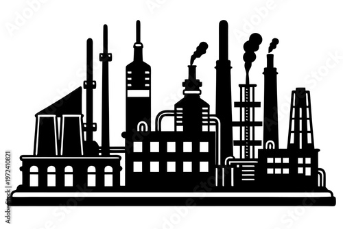 Factory silhouette with chimneys releasing smoke on platform