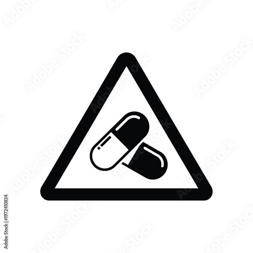 A black and white triangular warning sign depicts two capsules indicating potential hazards or risks high quality