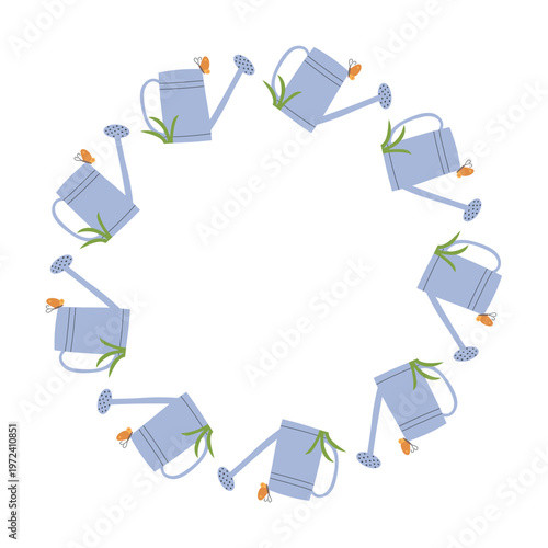 Circular frame with gardening watering can with grass and butterfly. Cute vector design for gardening themes, plant care content and spring garden branding.