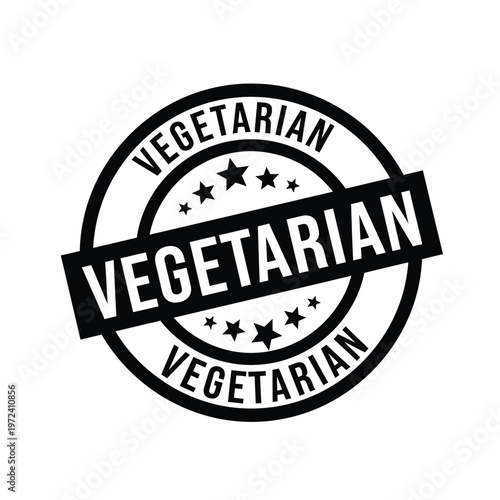 A black and white circular badge prominently displays the word vegetarian multiple times with stars high quality