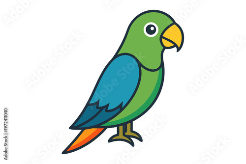 Green parrot standing in simple cartoon outline on white