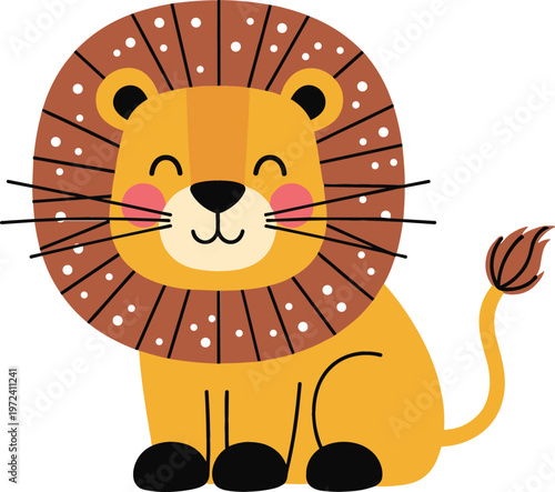 Cute cartoon lion character sitting with smiling face, playful expression and decorative mane, adorable flat vector illustration for kids design, nursery art, and branding