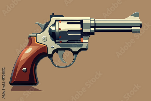 Revolver handgun rendered on tan background with shadow