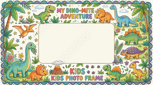 Kids play with cute cartoon dinosaurs in a fun educational frame