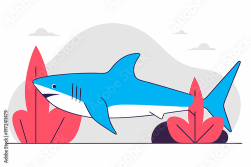 Blue shark swimming left in stylized ocean scene with plants