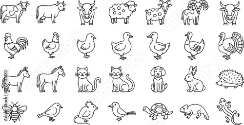 Farm and wild animals outline vector set featuring cows, sheep, birds, pets, and wildlife in simple hand drawn doodle style for coloring pages