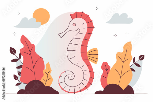 Seahorse floating upright among stylized plants and clouds