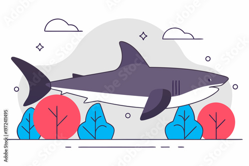 Cartoon shark swimming above stylized coastal plants
