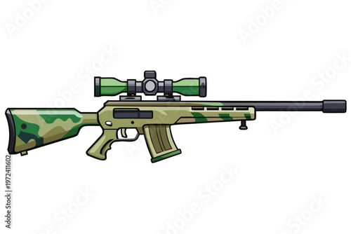 Camouflage sniper rifle shown with scope on plain background