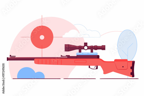 Red sniper rifle positioned with scope in outdoor background