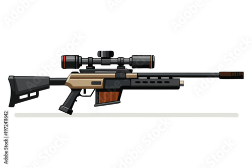 Tactical sniper rifle depicted with scope on simple backdrop