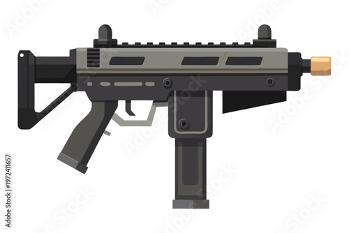 Compact submachine gun shown in side profile studio view