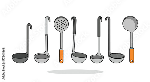 Set of Various Kitchen Ladles and Skimmers for Cooking